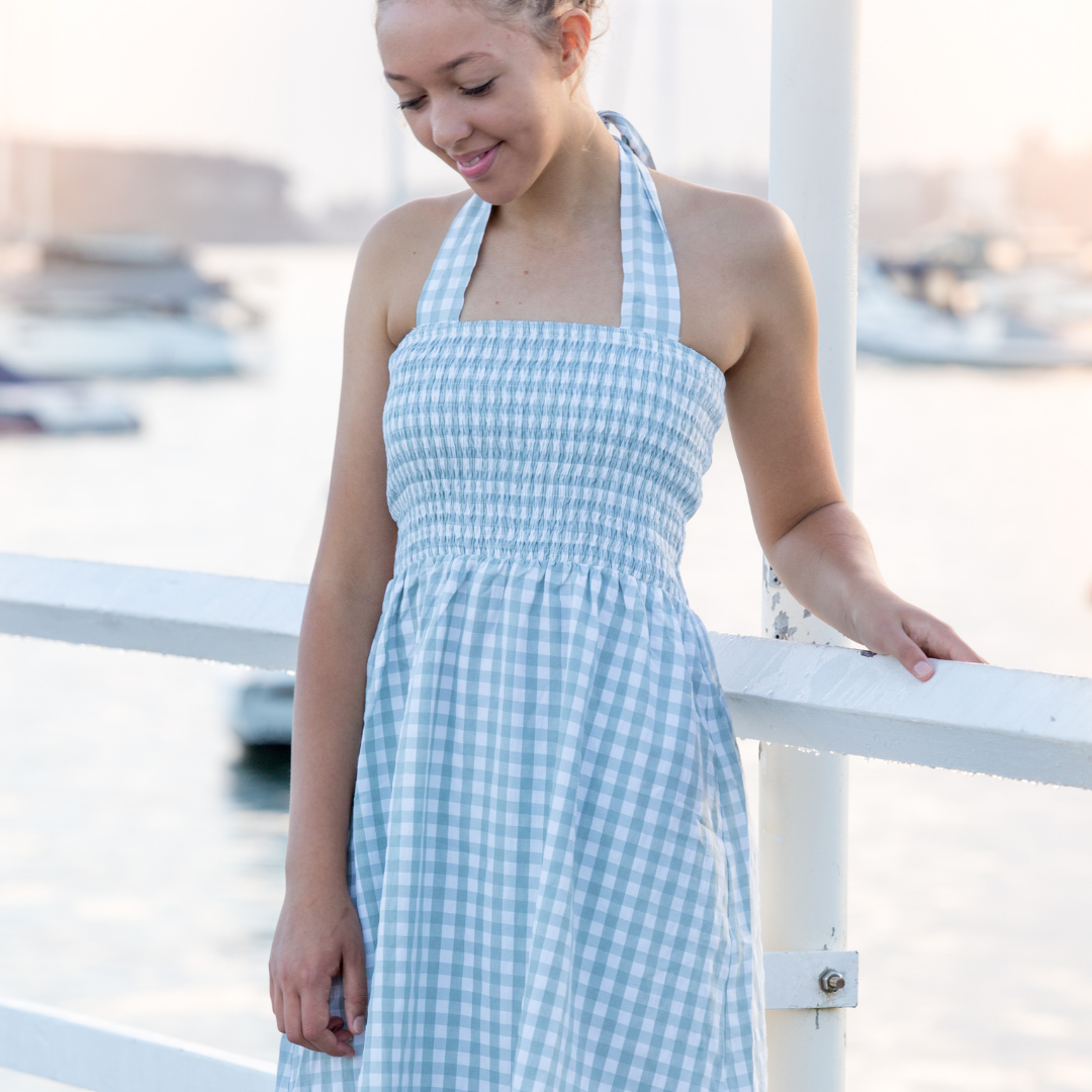 POSITANO DRESS IN SOFT SEA GREEN AND WHITE